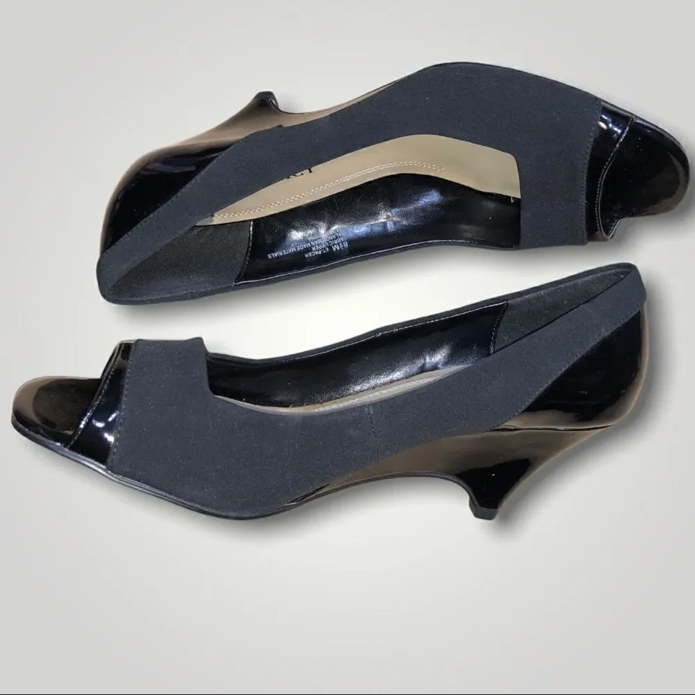 ELLEN TRACY Black Wedge Patent Suede ET Pacer Peep